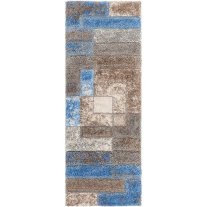 Kenzo Retro Geometric Pattern 3D Textured Shag Grey Light Blue Rug Well Woven
