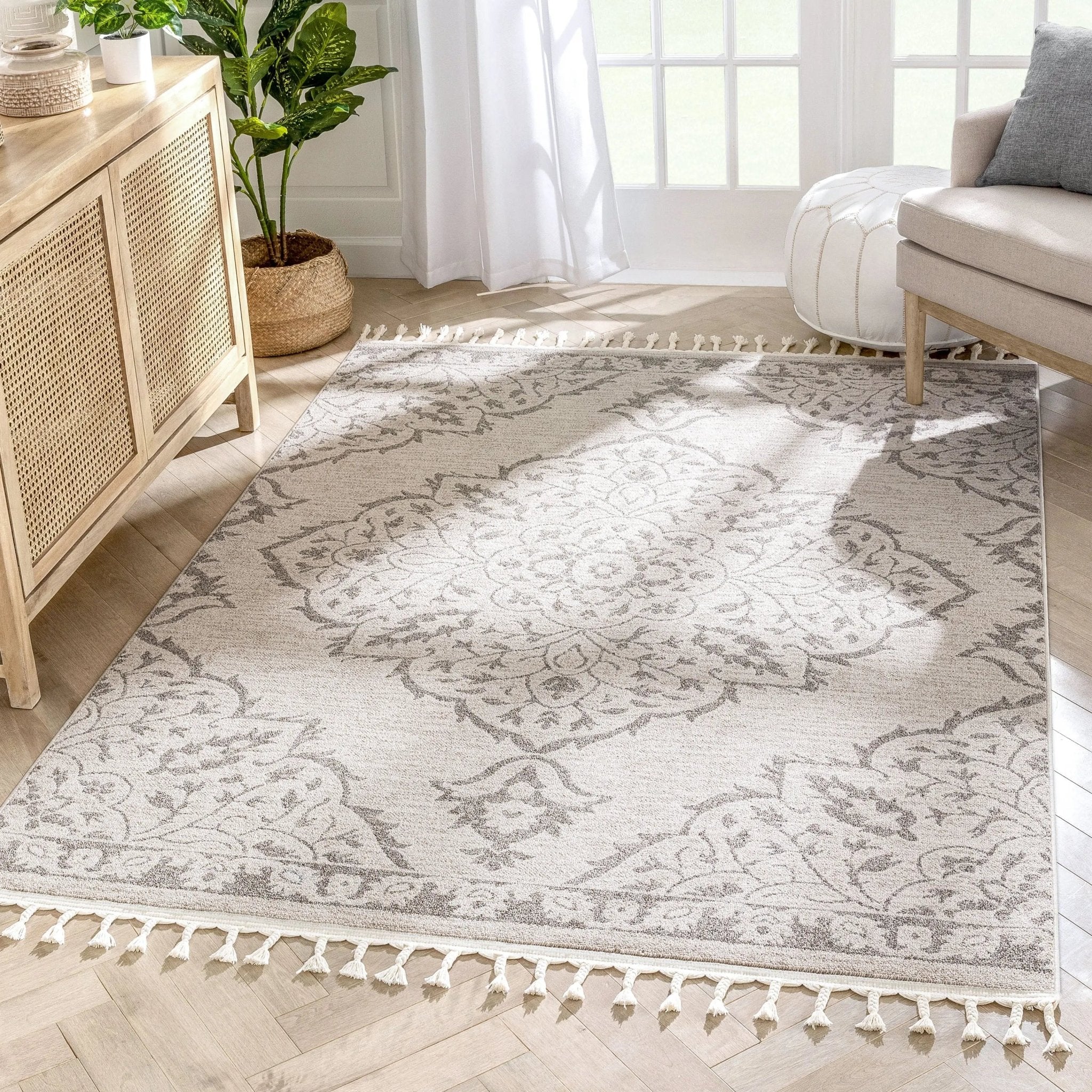 Mara Medallion Botanical Pattern Brown Beige Kilim-Style Rug Well Woven
