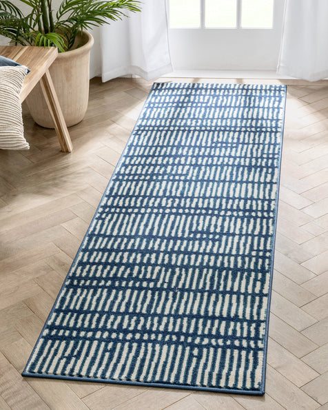 Wilder Tribal Geometric Stripes Blue Distressed Rug