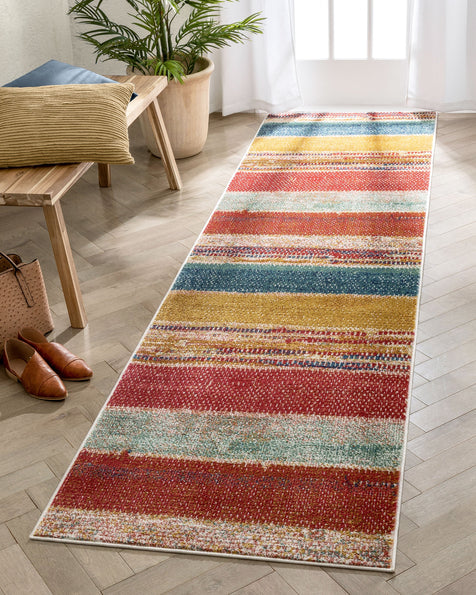Teton Tribal Stripes Red Yellow Distressed Rug