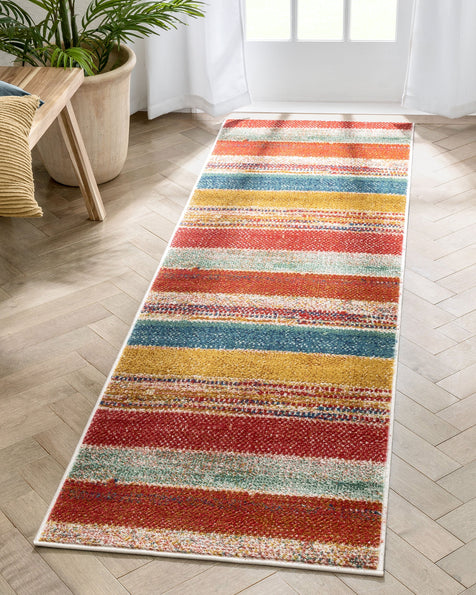 Teton Tribal Stripes Red Yellow Distressed Rug